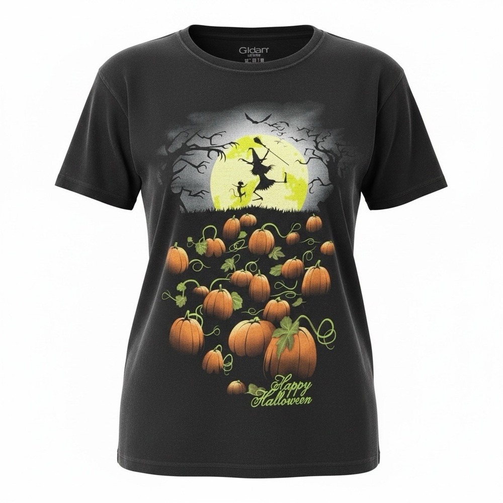 Gildan Softstyle Halloween T-Shirt Women Sz 2XL Black - Pumpkins Witch Bats Cats